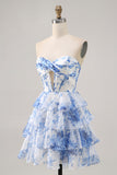 White Blue Flower Strapless Tiered Corset Homecoming Dress