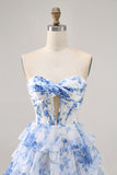 White Blue Flower Strapless Tiered Corset Homecoming Dress