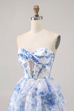 White Blue Flower Strapless Tiered Corset Homecoming Dress