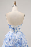 White Blue Flower Strapless Tiered Corset Homecoming Dress