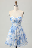 White Blue Floral A Line Strapless Corset Homecoming Dress