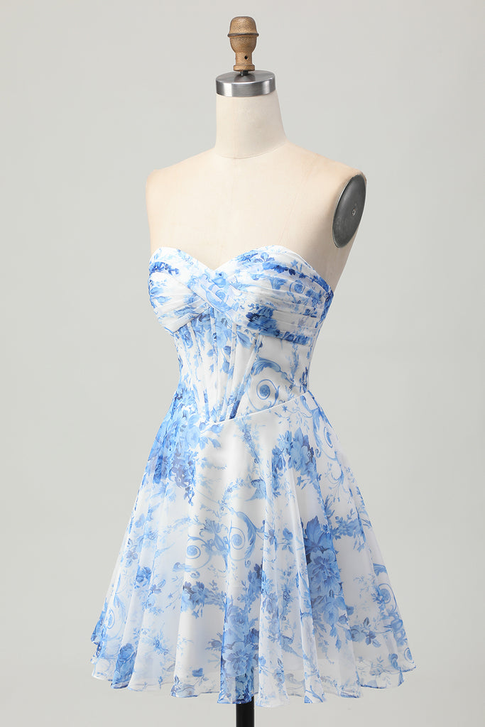 Zapaka Women White Blue Floral Homecoming Dress Strapless A Line Corset