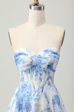 White Blue Floral A Line Strapless Corset Homecoming Dress