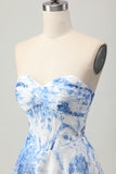 White Blue Floral A Line Strapless Corset Homecoming Dress