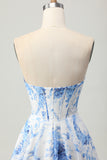 White Blue Floral A Line Strapless Corset Homecoming Dress