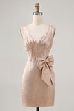 Champagne Bodycon Satin Short Homecoming Dress with Bow