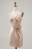 Champagne Bodycon Satin Short Homecoming Dress with Bow