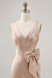Champagne Bodycon Satin Short Homecoming Dress with Bow