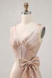 Champagne Bodycon Satin Short Homecoming Dress with Bow