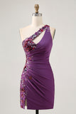 Dark Purple One Shoulder Sequins Bodycon Homecoming Dress with Slit