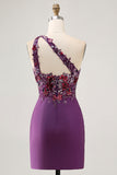 Dark Purple One Shoulder Sequins Bodycon Homecoming Dress with Slit