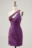 Dark Purple One Shoulder Sequins Bodycon Homecoming Dress with Slit
