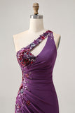 Dark Purple One Shoulder Sequins Bodycon Homecoming Dress with Slit