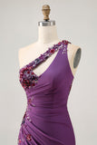 Dark Purple One Shoulder Sequins Bodycon Homecoming Dress with Slit