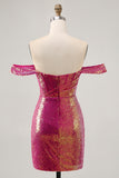 Sparkly Fuchsia Off The Shoulder Bodycon Sequins Homecoming Dress