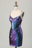 Blue Purple Bodycon Corset Ruched Metallic Homecoming Dress