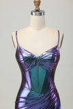 Blue Purple Bodycon Corset Ruched Metallic Homecoming Dress