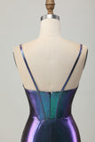 Blue Purple Bodycon Corset Ruched Metallic Homecoming Dress