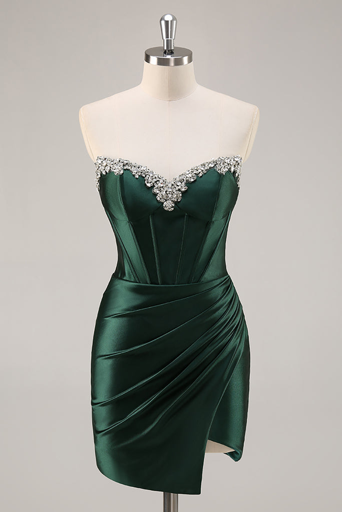 ZAPAKA Women Dark Green Homecoming Dress Satin Strapless Corset Bodycon