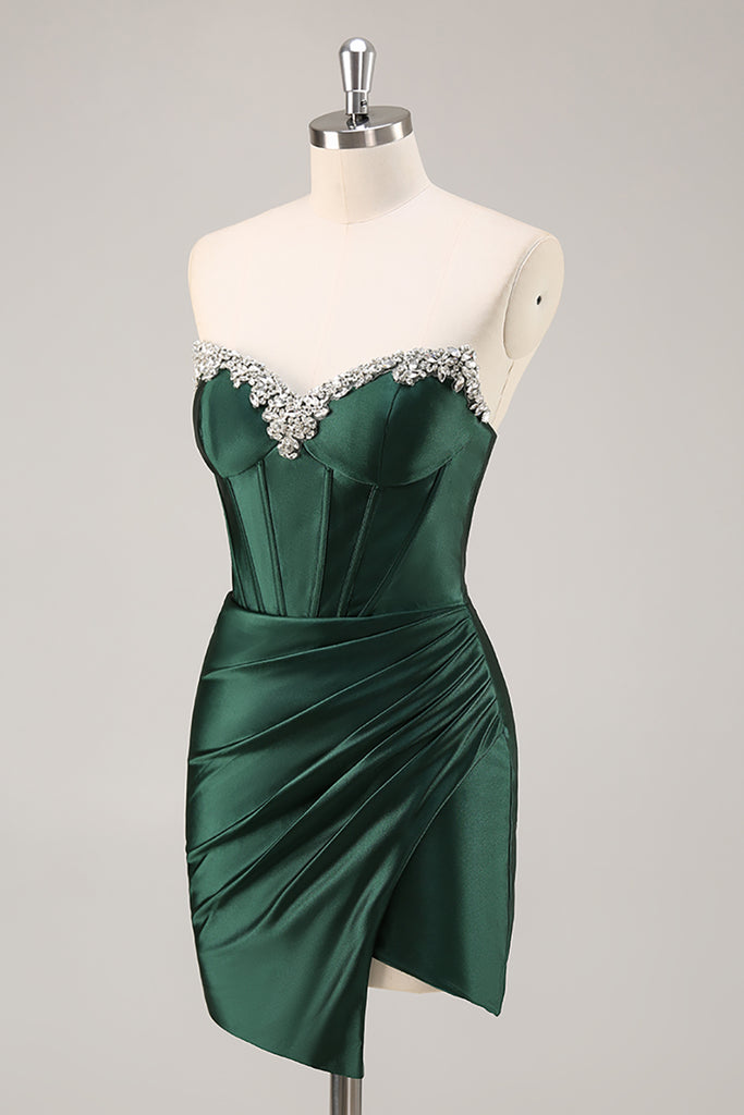 ZAPAKA Women Dark Green Homecoming Dress Satin Strapless Corset Bodycon