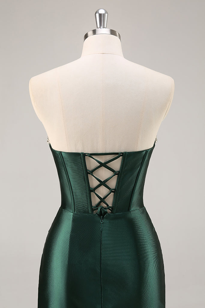 ZAPAKA Women Dark Green Homecoming Dress Satin Strapless Corset Bodycon