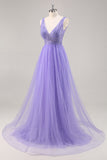Glitter Purple A Line Long Prom Dress with Beadings