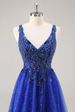 Glitter Royal Blue Beaded A Line Long Prom Dress with Slit