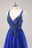 Glitter Royal Blue Beaded A Line Long Prom Dress with Slit