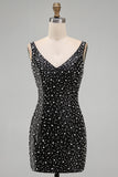 Sparkly Black Bodycon Pearl V-Neck Short Homecoming Dress with Beading