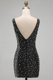 Sparkly Black Bodycon Pearl V-Neck Short Homecoming Dress with Beading