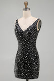 Sparkly Black Bodycon Pearl V-Neck Short Homecoming Dress with Beading