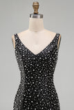 Sparkly Black Bodycon Pearl V-Neck Short Homecoming Dress with Beading