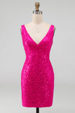 Sparkly Fuchsia Sequins V-Neck Bodycon Short Homecoming Dress