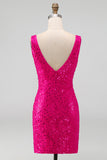Sparkly Fuchsia Sequins V-Neck Bodycon Short Homecoming Dress