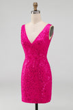 Sparkly Fuchsia Sequins V-Neck Bodycon Short Homecoming Dress