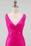 Sparkly Fuchsia Sequins V-Neck Bodycon Short Homecoming Dress