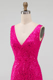 Sparkly Fuchsia Sequins V-Neck Bodycon Short Homecoming Dress