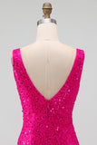 Sparkly Fuchsia Sequins V-Neck Bodycon Short Homecoming Dress