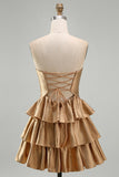 Golden Strapless A Line Tiered Cut Out Homecoming Dress with Beading