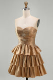 Golden Strapless A Line Tiered Cut Out Homecoming Dress with Beading