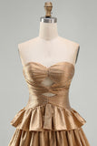 Golden Strapless A Line Tiered Cut Out Homecoming Dress with Beading