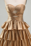 Golden Strapless A Line Tiered Cut Out Homecoming Dress with Beading