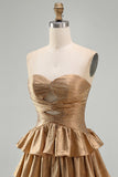 Golden Strapless A Line Tiered Cut Out Homecoming Dress with Beading