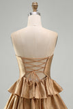 Golden Strapless A Line Tiered Cut Out Homecoming Dress with Beading