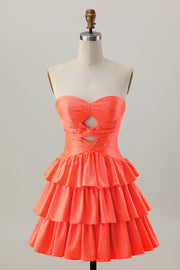 Orange Strapless Tiered A Line Cut Out Homecoming Dress with Beading