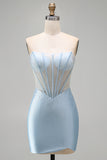 Strapless Light Blue Corset Bodycon Beaded Short Homecoming Dress with Slit