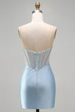 Strapless Light Blue Corset Bodycon Beaded Short Homecoming Dress with Slit