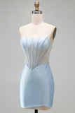 Strapless Light Blue Corset Bodycon Beaded Short Homecoming Dress with Slit