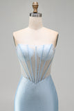 Strapless Light Blue Corset Bodycon Beaded Short Homecoming Dress with Slit