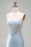 Strapless Light Blue Corset Bodycon Beaded Short Homecoming Dress with Slit